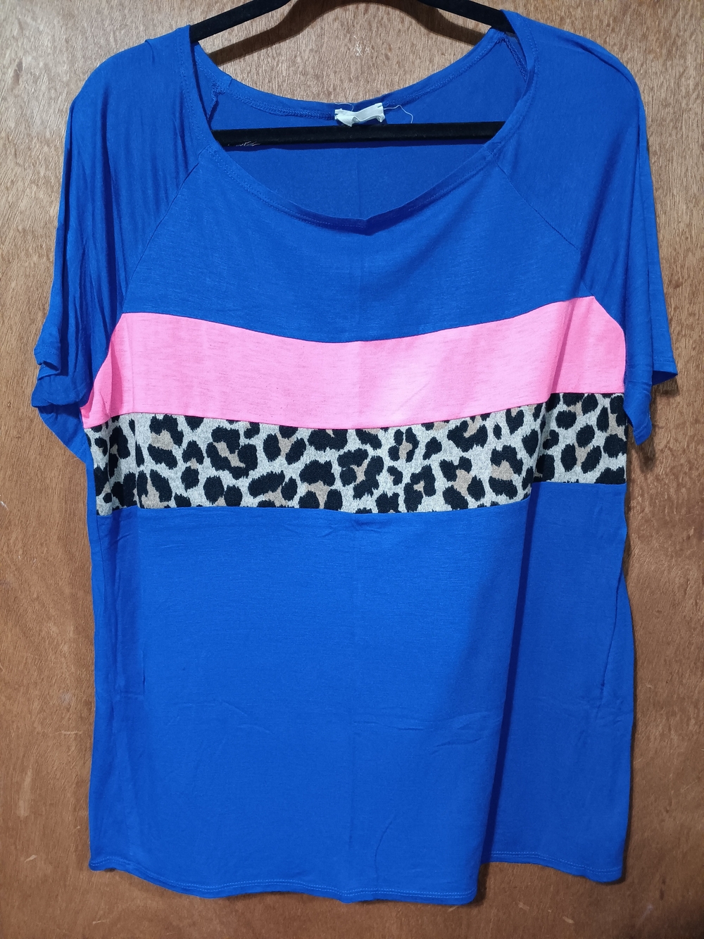 BiBi Royal Blue Short Sleeve Top with Pink & Leopard Stripe